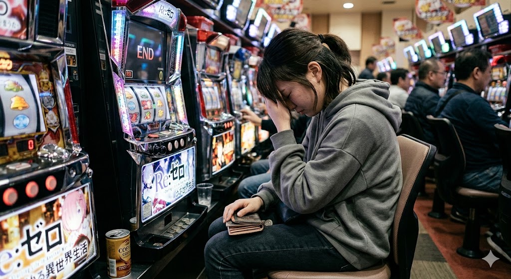 パチスロ店でうつむく女性の様子